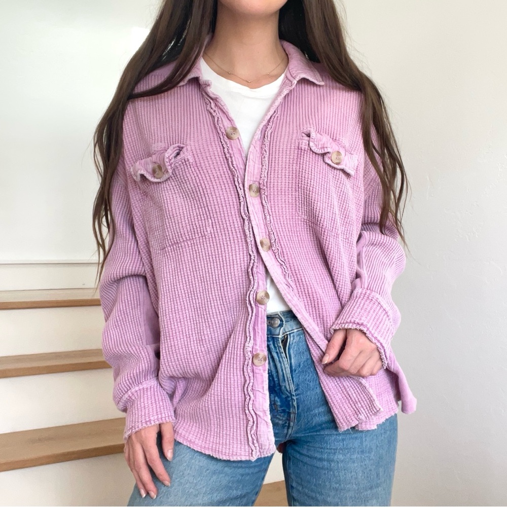 Free People FP One Scout Waffle Knit Thermal Lilac Pink Purple Jacket Shirt